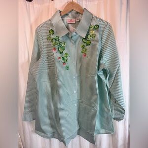 Quacker Factory Green Striped Embroidered Button Down Shirt